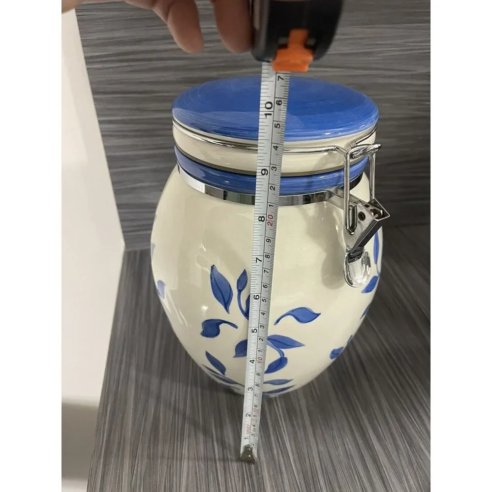 Inspirado Canister Cookie Jar White Blue Vines Stonelite Hinged Sealed Lid 9.75